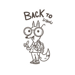 Back to school vector card. Cute cartoon fox schoolboy with backpack. Contour image no fill.
