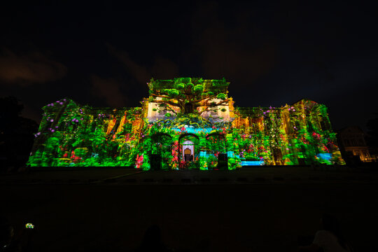 Singapore - August 28 2019: Singapore Night festival Projection Mapping at Singapore National Museum.