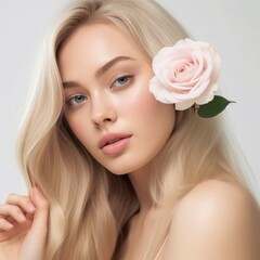 Naklejka premium Portrait of a young beautiful woman with fresh healthy skin and a rose on near her face. Fashion portrait of blonde young girl with long hair and professional makeup and red rose in hand.