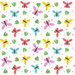 Pattern with bright colorful butterflies, leaves, minimalism, simple childish pattern, vector 