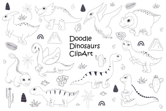 cute dinosaurs doodles, graphic elements, characters and decorative elements 