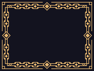 Art deco frame. Vintage linear border in gold color on a black background. Design a template for invitations, leaflets and greeting cards. The style of the 1920s - 1930s. Vector illustration
