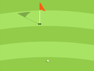 The short distance from the golf ball to the hole. Striped golf course in a minimalist style. Green lawn with a flag and a hole. Design for banners, posters and advertisements. Vector illustration