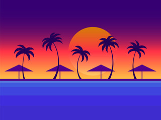 Palm trees and beach umbrellas at sunset. Tropical beach, coast at sunset, gradient sunset. Landscape with palm trees on the seashore. Design for poster, banner and postcard. Vector illustration