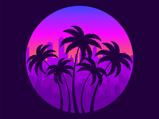 Palm trees against the backdrop of the city and the gradient sun. City skyline with skyscrapers at sunset. Outlines of tropical palm trees at sunset. Design for banner and poster. Vector illustration