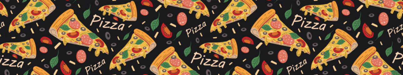 Pattern of pizza slices. Seamless pattern. Tasty food. The print is repetitive. Design for clothing with food. Pattern for bed linen. Lots of pizza slices.