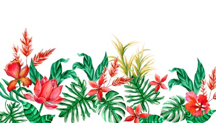 Watercolor Bouquet of flowers, isolated, white background, tropical red elements and green leaves