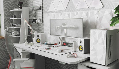 A general view of the comfortable workplace of a professional gamer and cybersprotsman. The interior is in white colors. 3D render. © Aboltin