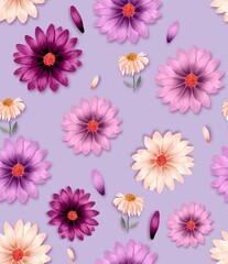 Watercolor Flowers Pattern, purple elements, blue background, seamless