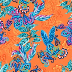 Watercolor paisley pattern, pink and blue elements, orange background, seamless