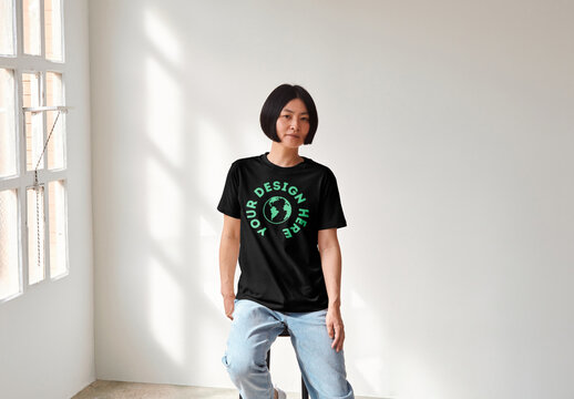 Mockup of Japanese woman wearing customizable color t-shirt on stool