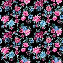 Watercolor Flowers Pattern, pink and blue roses, black background, seamless