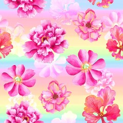 Watercolor Flowers Pattern, pink elements, rainbow background, seamless