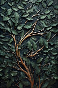 Branches of thorns and realistic leaves carved wallpaper AI Generated Image
