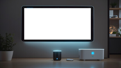 TV Mockup, Smart home technology in a futuristic design setting at night, Template, Generative AI