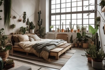 interior of a contemporary studio apartment with several plants and a floor bed. Generative AI