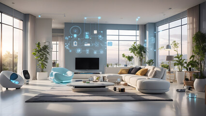 Smart home technology in a futuristic design setting at night, with a heads - up display (HUD) overlay, Generative AI