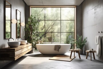 Interior of a Scandinavian bathroom with white bathtub and double sinks, gray walls, a concrete floor, and wide windows. a mockup. Generative AI