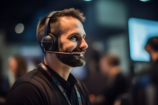 A man wearing a headset and talking on a phone in a call. Helpdesk call-center service operator