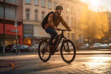 A man riding a bicycle on a morning street 
