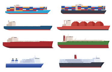 A set of cargo ships. Delivery of goods in large quantities by sea and ocean. Big business of transportation of products. Vector illustration