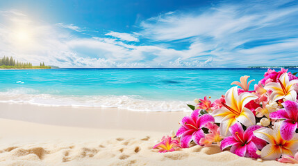 White sand beach, blue sea decorated with beautiful flowers. Generative Ai