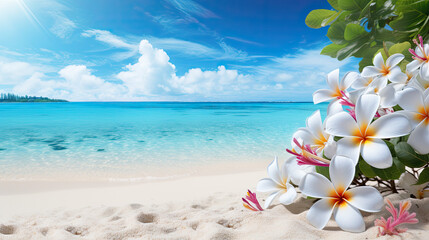 Fototapeta na wymiar White sand beach, blue sea decorated with beautiful flowers. Generative Ai