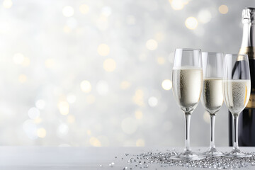 A glass of champagne on a silver background with highlights for christmas and new year. With...