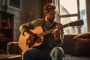 A man playing guitar on a couch in a living room