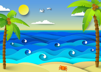 Fototapeta na wymiar Sea tropical beach summer papercut vector background