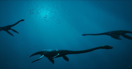 A predatory dinosaur living underwater went on an underwater hunt.