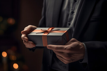 A man holding a gift box. Birthday, corporate event, St Valentine day gift concept - obrazy, fototapety, plakaty