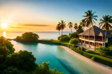 Obraz premium tropical resort at sunset Generated Ai