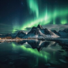 Northern light, mountains and frozen ocean. Winter landscape at the night time.