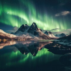 Northern light, mountains and frozen ocean. Winter landscape at the night time.