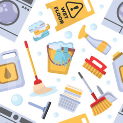 cleaning, laundry cartoon items pattern. products for cleaning house, soap, rags, washing machine, detergents, brushes, mops, cleaning powders. vector cartoon seamless pattern.