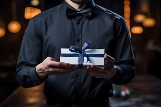 A Man Holding A Gift Box. Birthday, Corporate Event, St Valentine Day Gift Concept