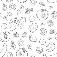 Seamless black and white background with fruit, the fruit sketch is repeated endlessly.