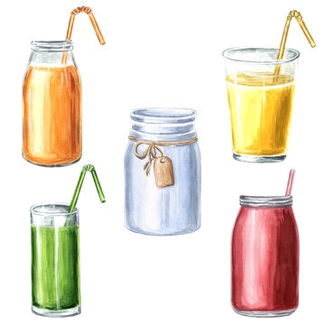 Clip art of bottles with colorful juices. JPEG