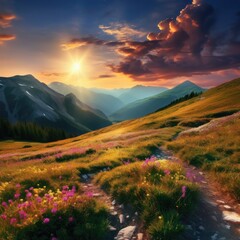 Mountains during sunset. Beautiful natural landscape in the summertime.