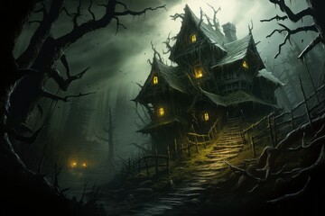 Fototapeta na wymiar Creepy house in the forest. Beautiful illustration picture. Generative AI