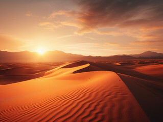 Fototapeta na wymiar A vast desert dune with the sun setting behind it, casting a golden glow over the sandy landscape