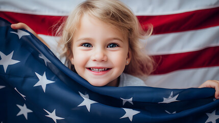 American kid happy smiling at the camera with nation flag hehide