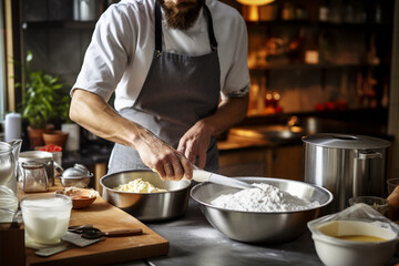 A chef, seen from behind, mixing batter for a cake in a large metal bowl, with various baking ingredients and tools spread out on a nearby countertop. Generative AI