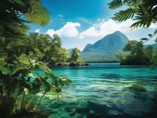 A tranquil and secluded lagoon, with turquoise waters and a lush tropical forest backdrop