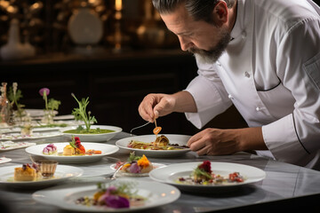 Obraz na płótnie Canvas A chef, viewed from behind, arranging a beautifully plated appetizer on a white plate, with various sauces and garnishes scattered around. Generative AI