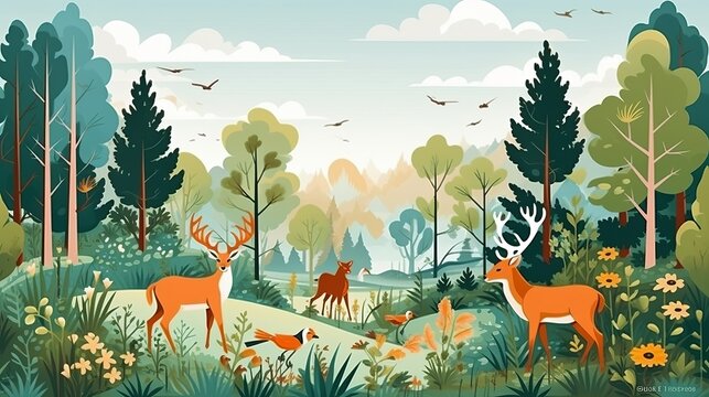 Forest animals in wild nature. Beautiful illustration picture. Generative AI