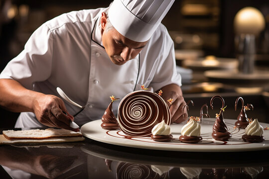 A chef, viewed from behind, adding a finishing touch to a dessert with a delicate swirl of chocolate, with pastry bags and decorative tools on a nearby countertop. Generative AI