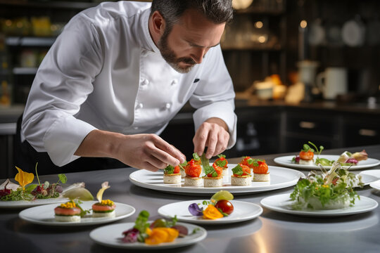 A chef, viewed from behind, arranging a beautifully plated appetizer on a white plate, with various sauces and garnishes scattered around. Generative AI