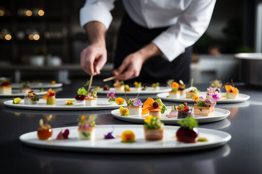 A chef, viewed from behind, arranging a beautifully plated appetizer on a white plate, with various sauces and garnishes scattered around. Generative AI